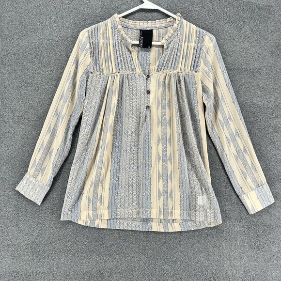 Dolan T-Shirt Blouse top womens Sz XS Tan Blue Sheer ruffle neck geometric print - Picture 1 of 12
